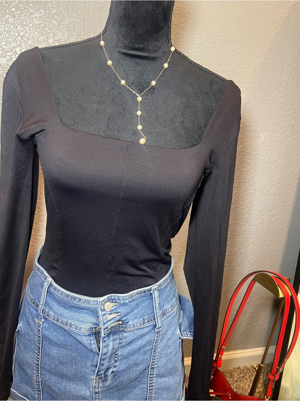 Black BODYSUIT Long-Sleeve Square Neck Top